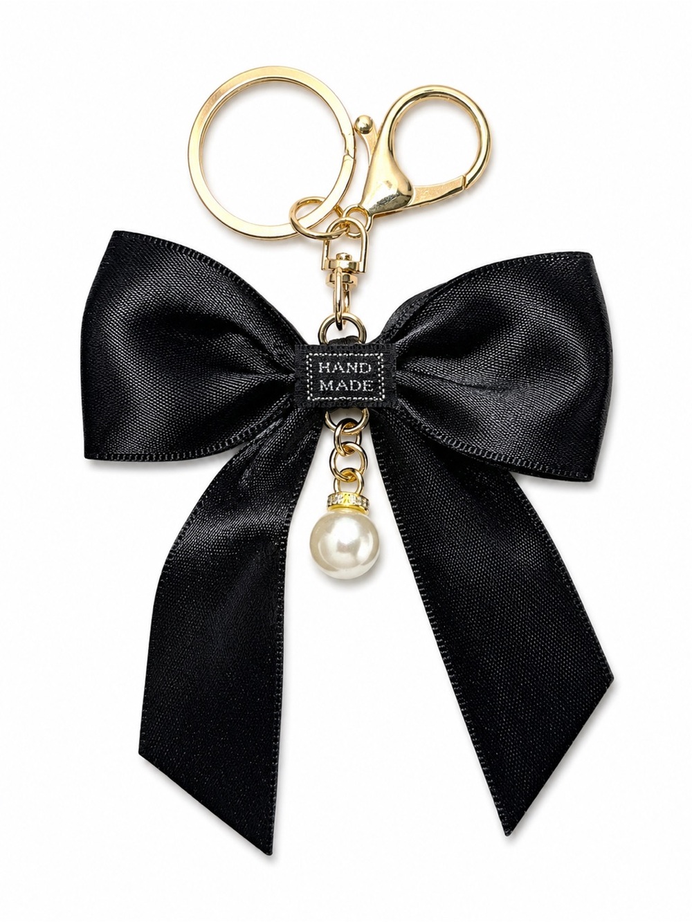 Black Satin Bow Pearl Bag Charm Keychain Coquette Purse Accessory
